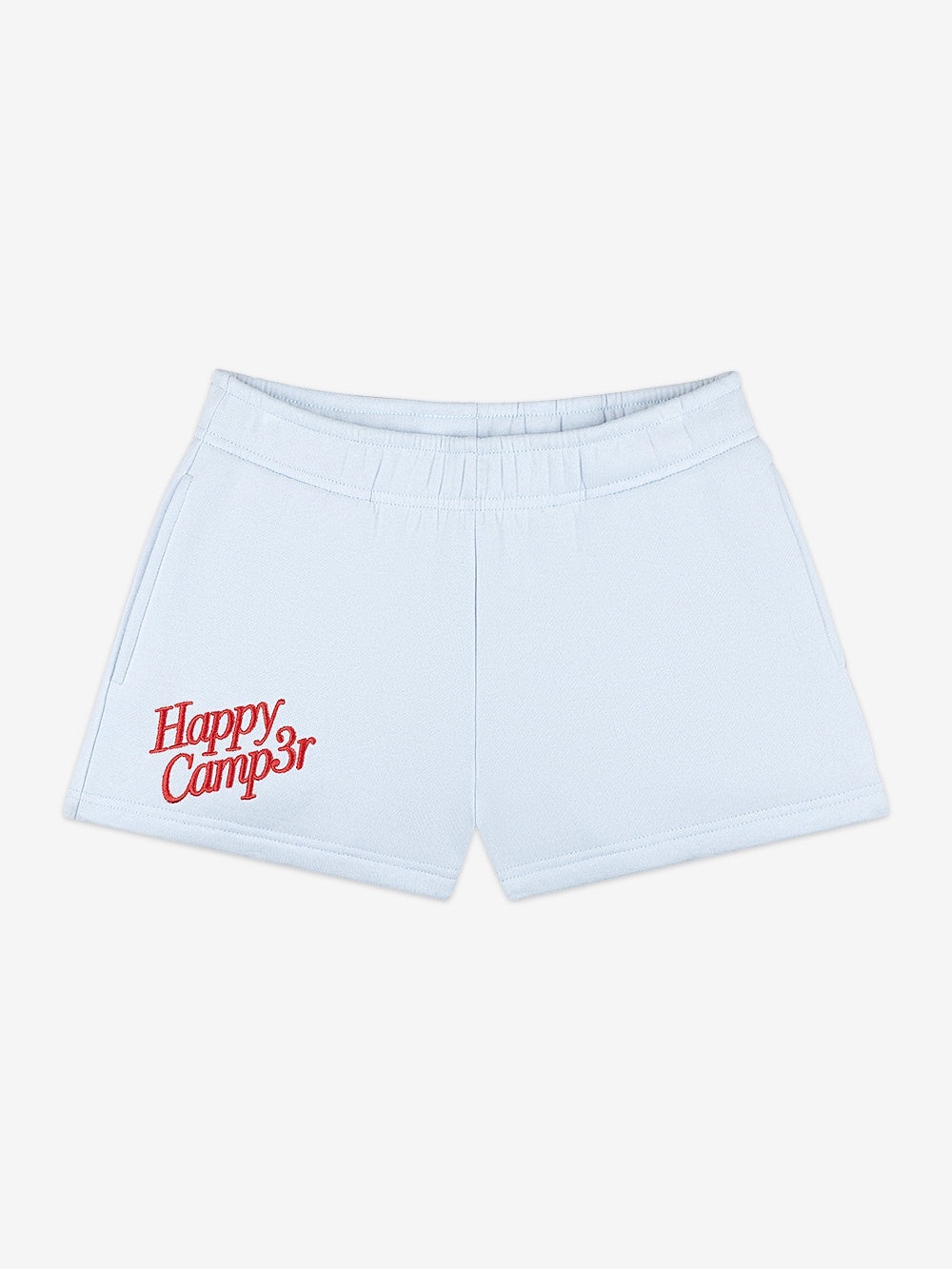 Light Blue Women's Athletic Shorts with Red 'Happy Camp3r' Accent